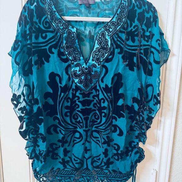 Hale Bob Blue Dolman Sleeve Graphic Blouse - Picture 1 of 6